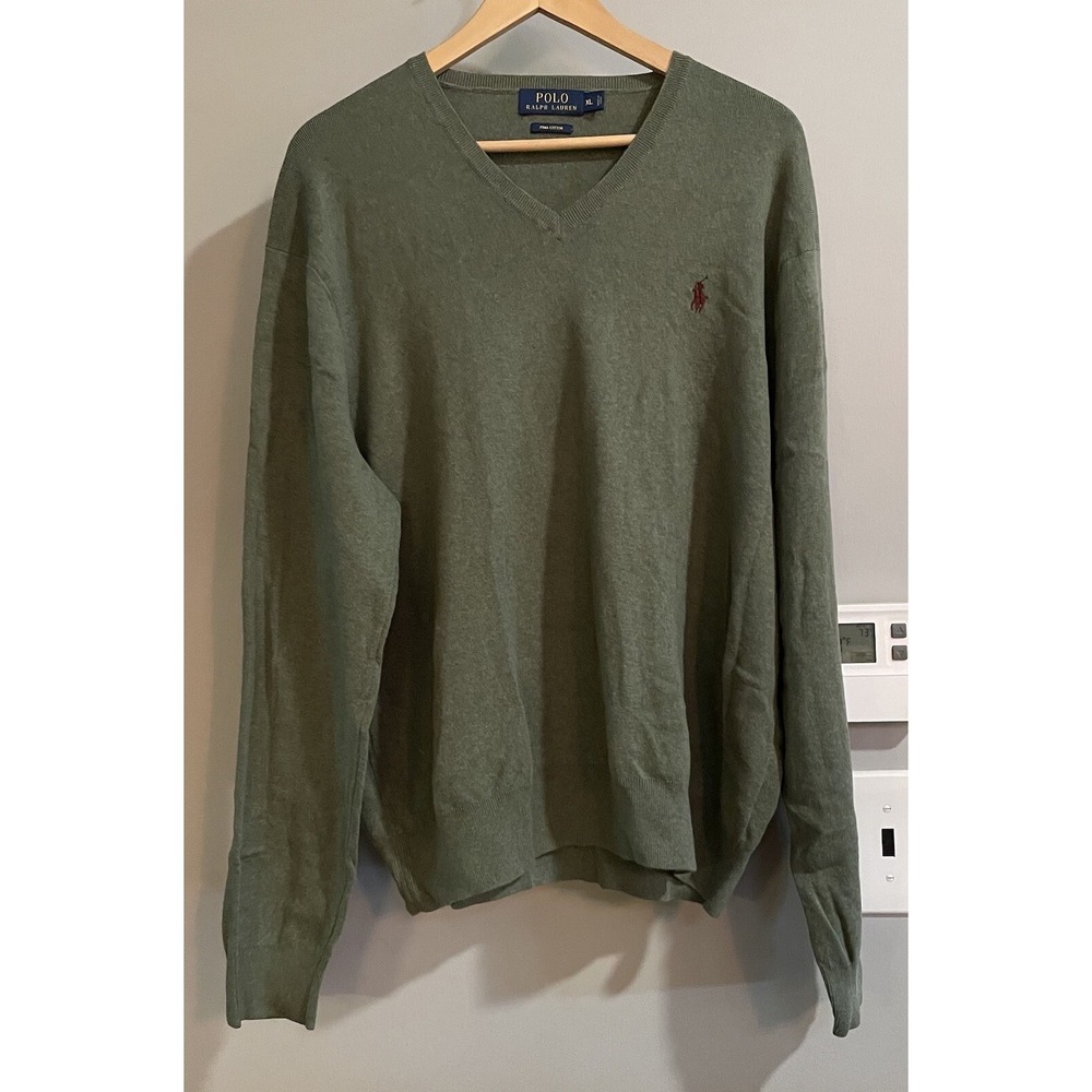 Polo Ralph‎ Lauren Sweater Pima Cotton Olive Green V-Neck Pullover Mens XLarge